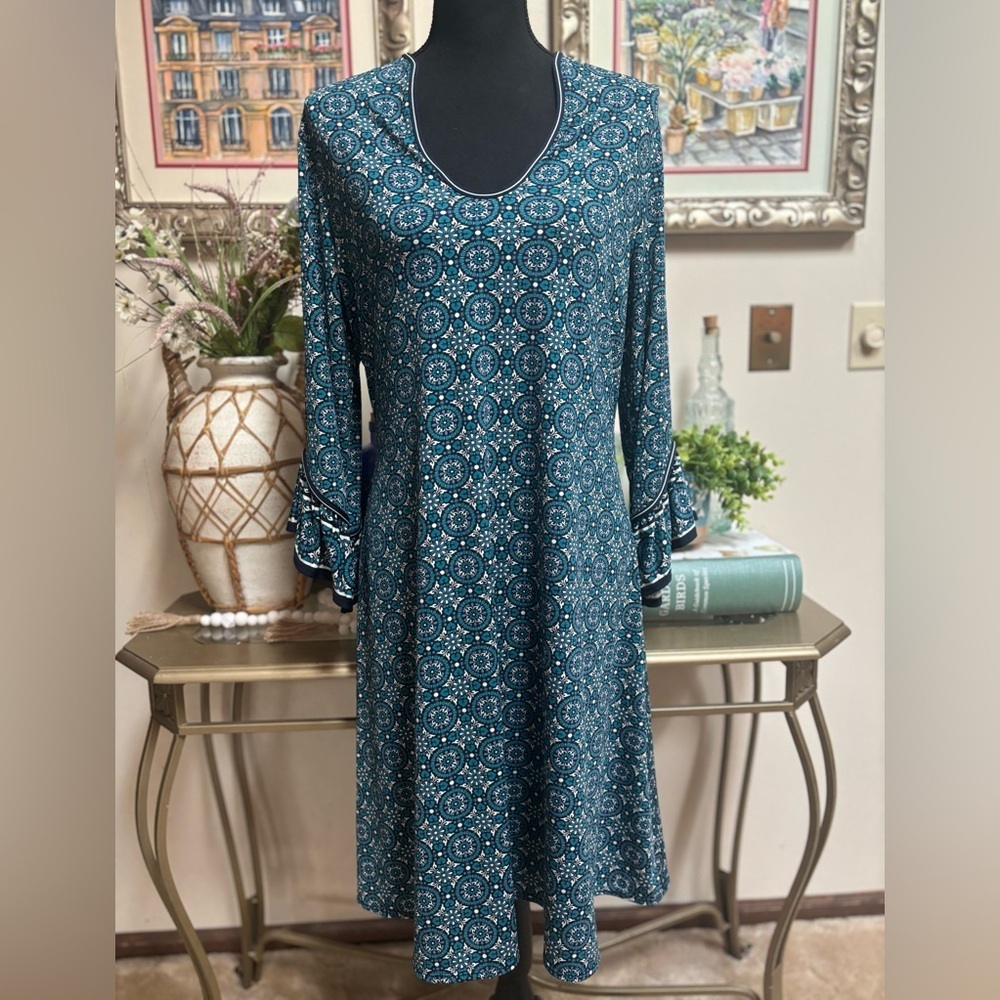 MAX STUDIO SCOOP NECK DRESS BLUE & WHITE GEOMETRIC PATTERN RUFFLE SLEEVE SZ L - Picture 5 of 9